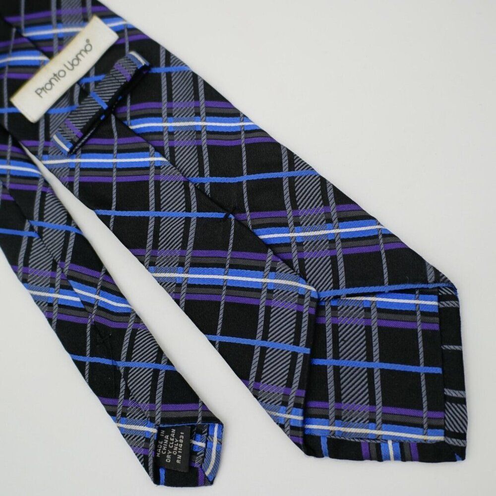 Pronto Uomo Black Purple Blue Plaid Silk Tie Long - Picture 6 of 7